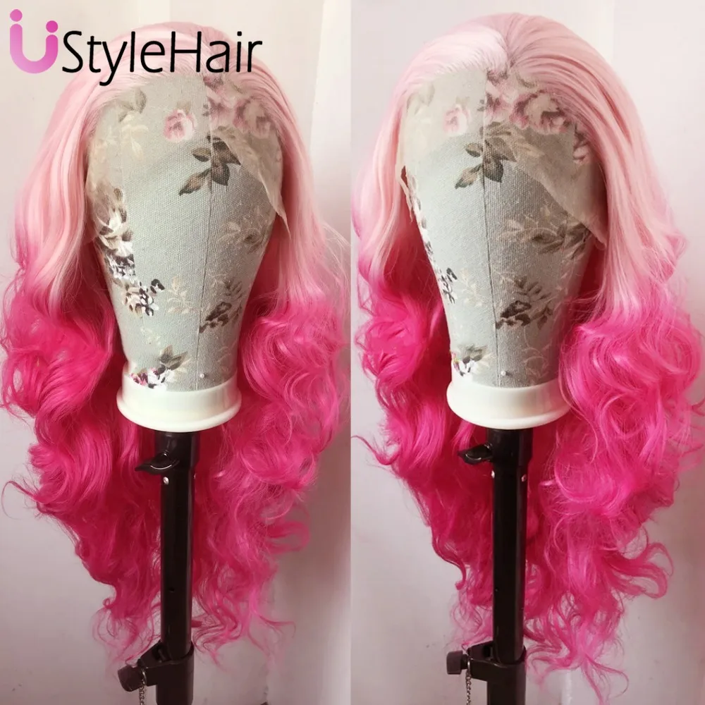 

UStyleHair Ombre Pink Long Body Wave Wig Fashion Color Synthetic Lace Front Wig Light Roots Heat Resistant Fiber Hair Daily Use