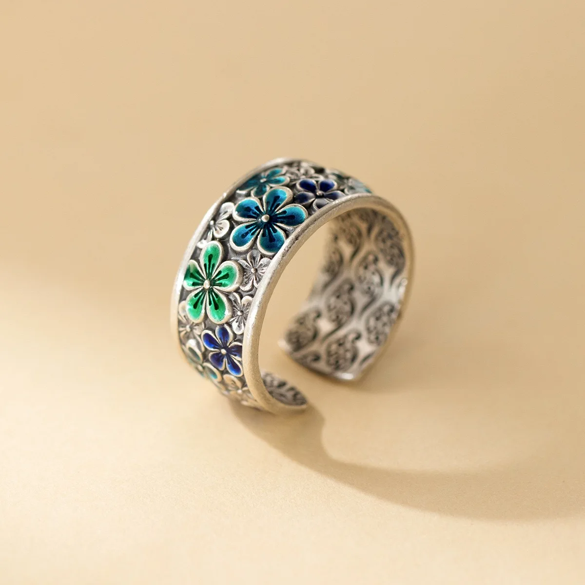 خواتم من الفضة الإسترليني عيار 925 للنساء مجوهرات راقية هندسية قابلة للتعديل خاتم زهرة خضراء بسيط كهدية عيد ميلاد للحفلات