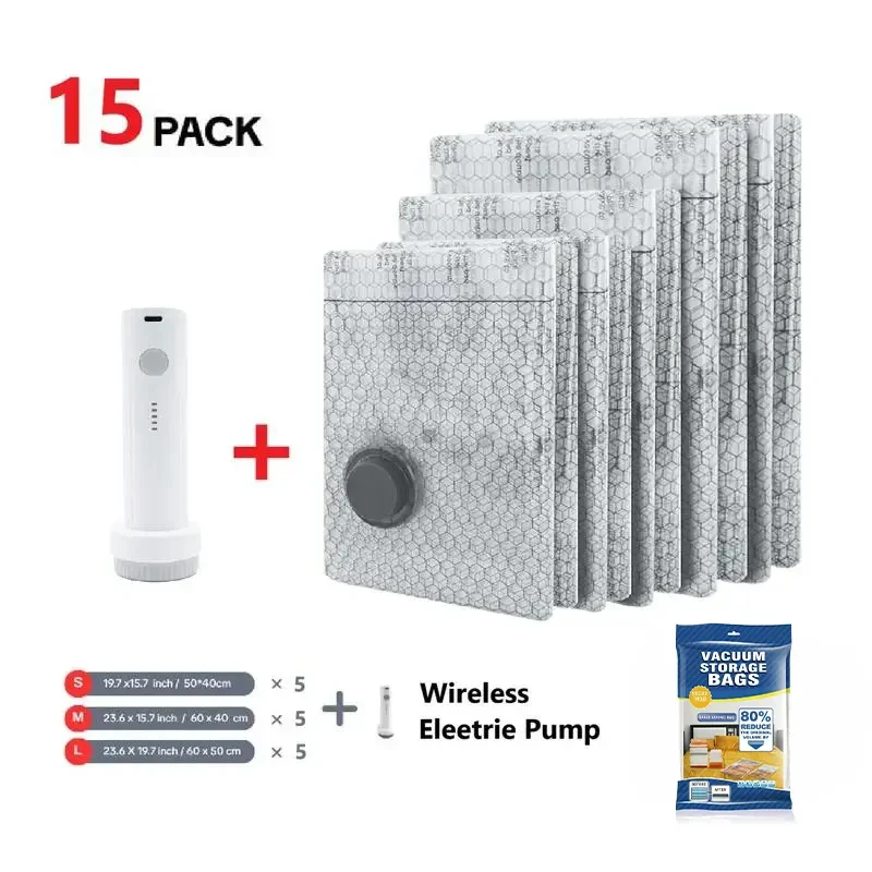 

15-Pack PE Vacuum Storage Bags with USB Rechargeable Pump, 3 Size Compression Bags for Travel, Space Saver Waterproof Reusable Bags for Clothes, Bedding, Pillows, Quilts, Blankets, Suitcases, Moving and Home Organizer