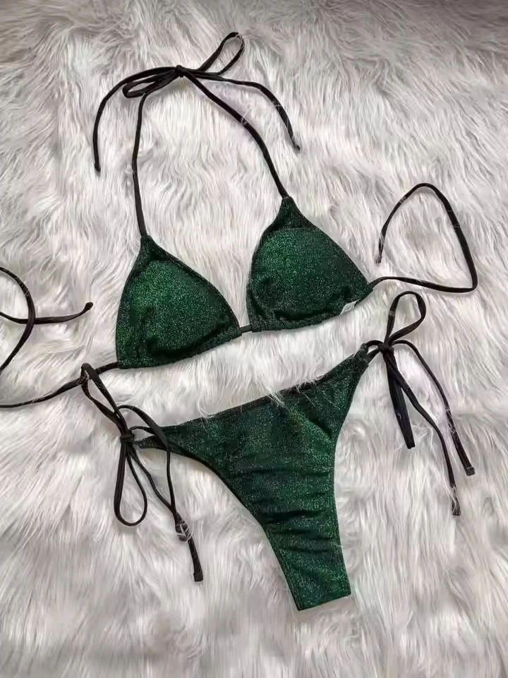 

New Tie Side Two-pieces Bikini set Bather Bathing Suit Swim Glitter Sparkling Halter Bikini Female Swimsuit Women Swimwear