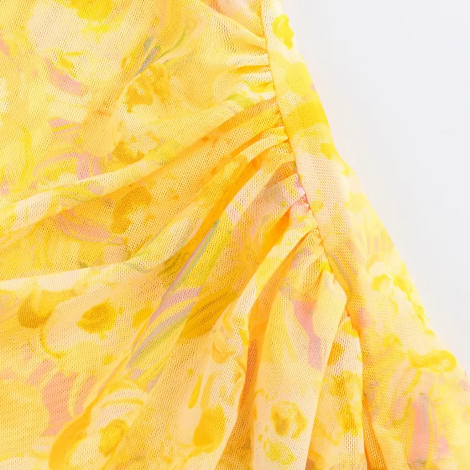 TRAF Yellow Print Tulle Dress Woman Sleeveless Short Dresses for Women Draped Evening Dresses Women Summer 2024 Bodycon Dress