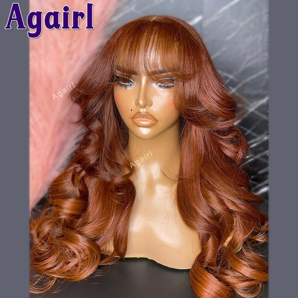 30 32 Inch Ginger Brown 13X6 13x4 Human Hair Lace Frontal Wig With Bangs 200% Density Colored Body Wave Lace Front Wig For Women