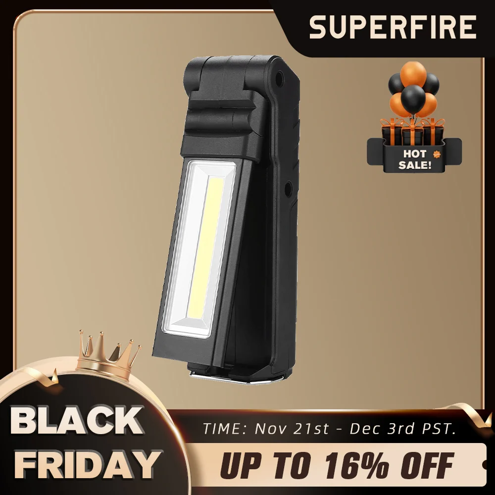 Светодиодный фонарик SUPERFIRE G15/S + рабочий фонарь COB с магнитным USB-перезаряжаемым встроенным аккумулятором, многофункциональный складной фонарь