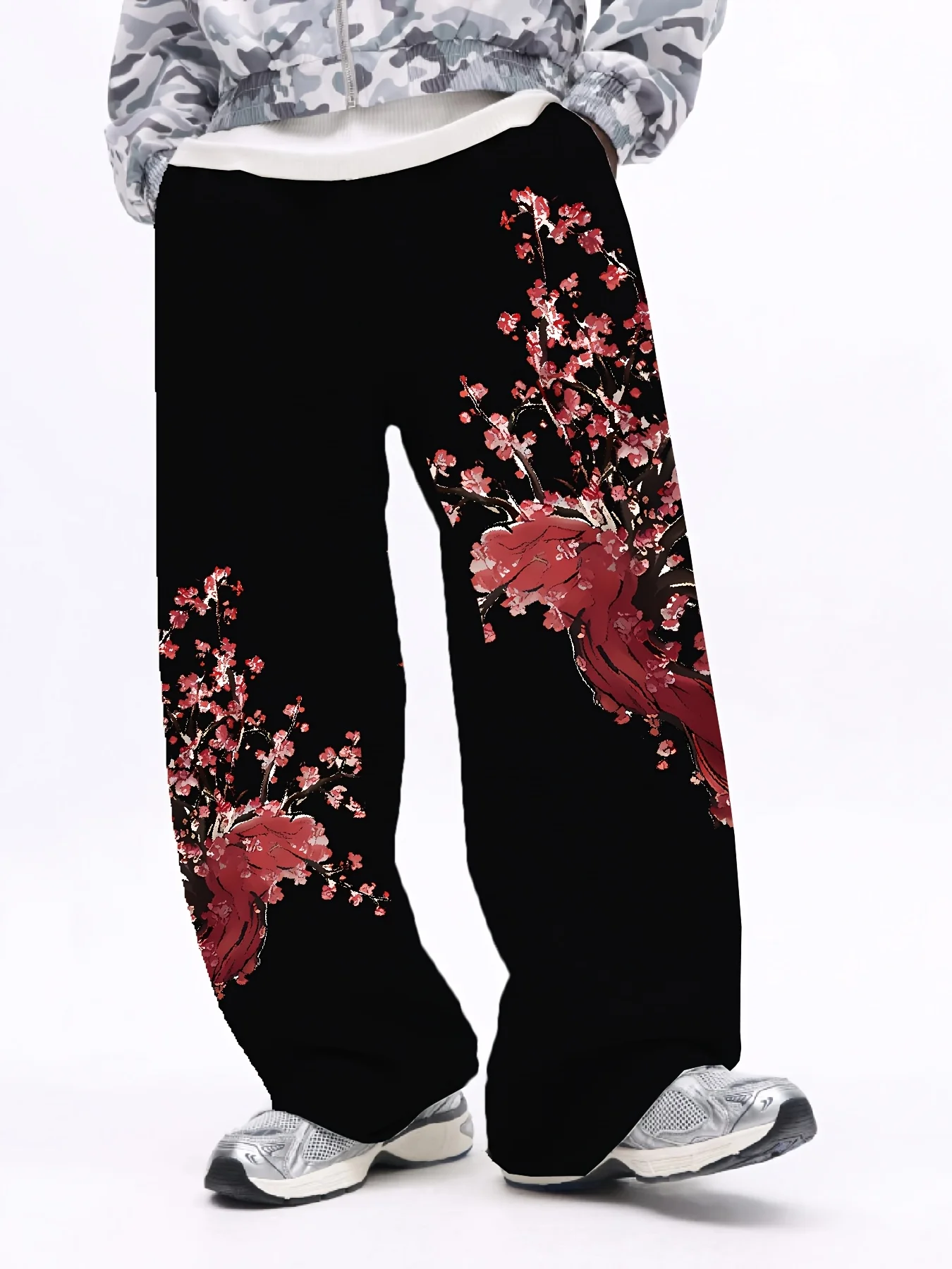26 Trendige Unisex-Jogginghosen mit geradem Bein und Sakura-Blumenmuster, chinesischer Stil, Blumendruck, Colorblock, Hip-Hop-Street-Style, lange Hose – Detail 9