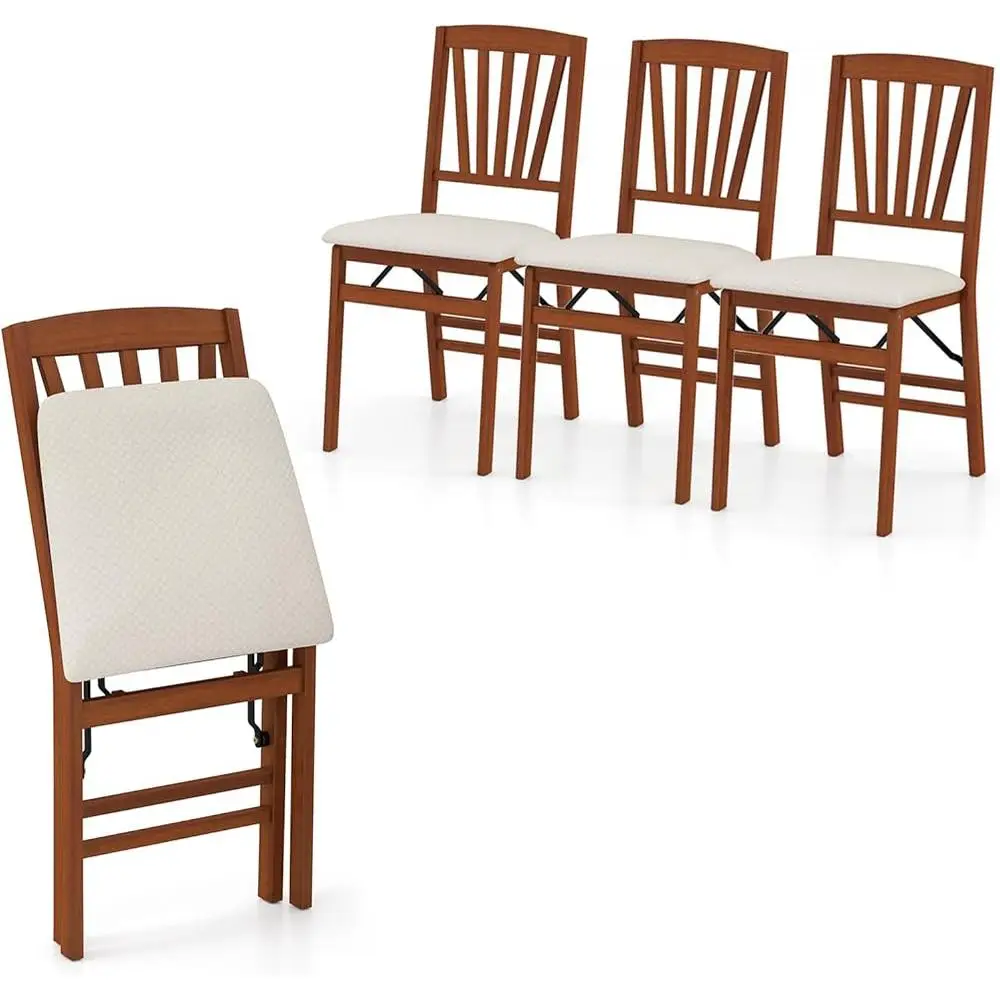 Folding Dining Chairs Set of 4 Ergonomic Padded Seat Slatted Backrest Rubber Wood Frame Max Load 400lbs Space-saving Design