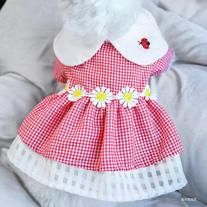 1PC Pet Clothing Dog Cat Spring/Summer Thin Ladybug Red Checkered Princess Skirt Suitable for Small and Medium sized Dogs