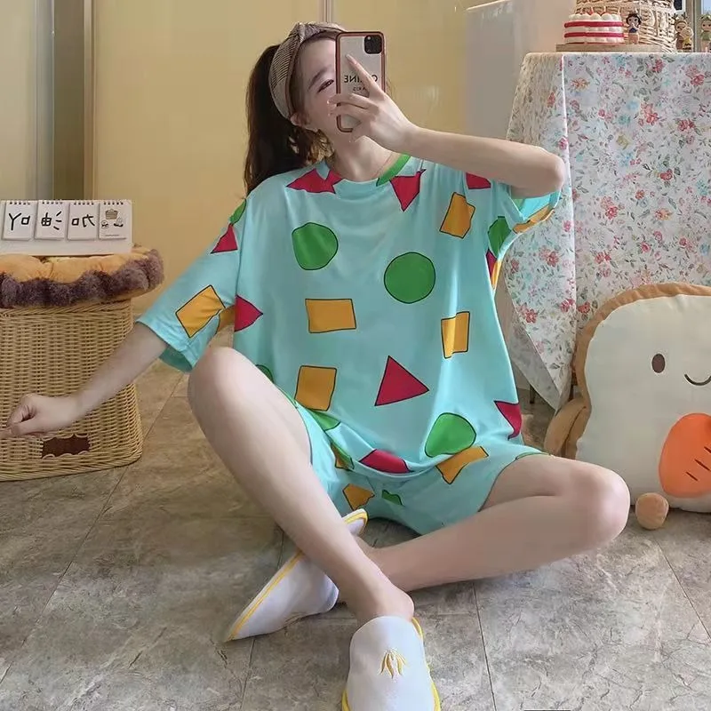 

Summer Casual Couple Pajama Sets Lovely Cartoon Print Short Sleeve Sleepwear Pajamas Suit Daily Fashion Loose Homewear Nightgown