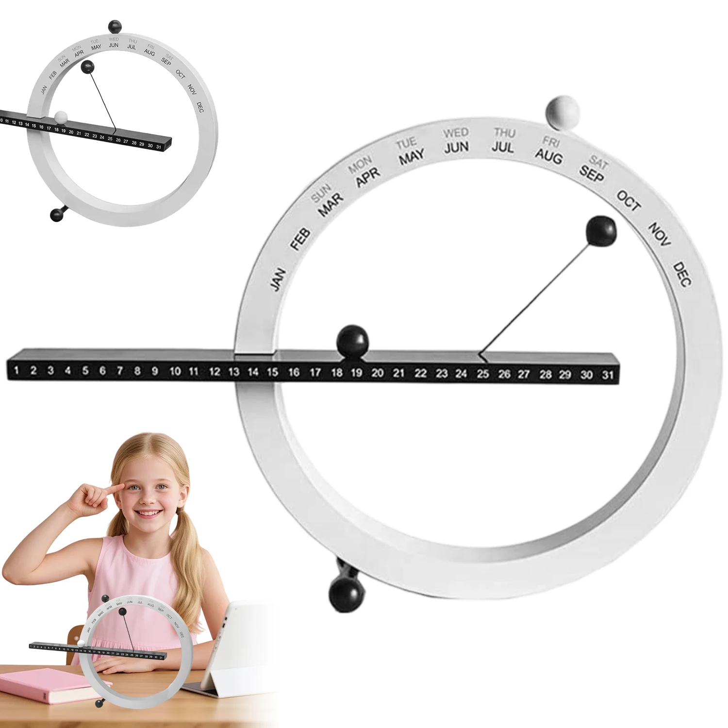 Calendrier perpétuel magnétique rond, style moderne minimaliste, réglage manuel de la date, double usage mural/de bureau, adapté à la décoration de la chambre, du salon et du bureau, améliorant l'esthétique du design de tout espace.