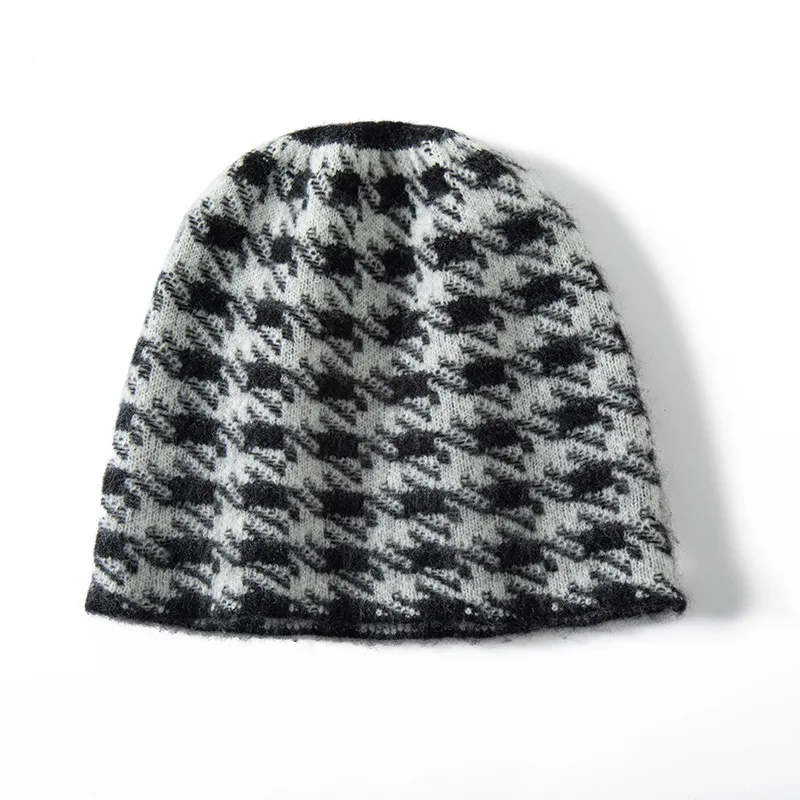 

fashionable zebra pattern knitted cashmere hats autumn winter couple fashionable all-match houndstooth hat for women