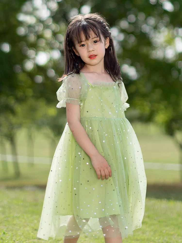 

Girls Summer Dresses 100% Cotton Inner Material Green Bow Sequins Gauze Short Sleeve Princess Wear 2022 New Kids Clothing 150cm