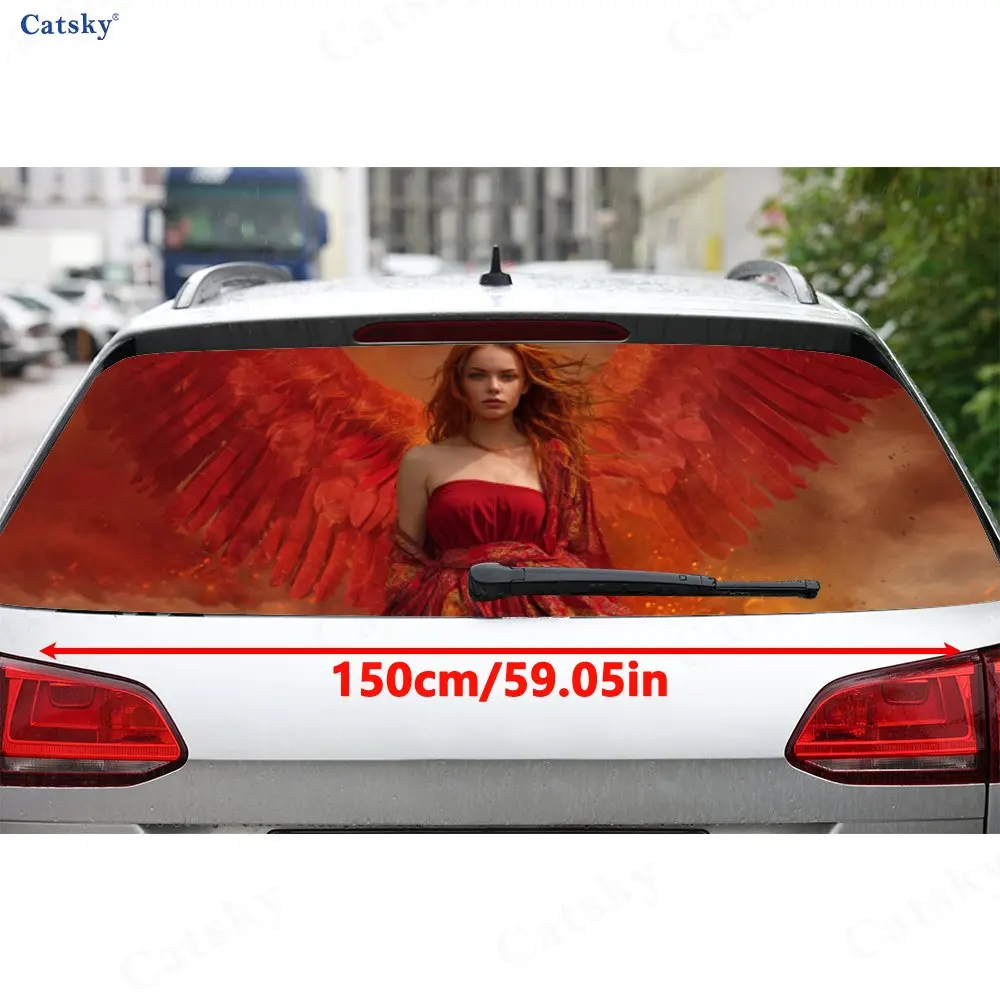 Flame Angel Female Power Art PVC Perforated Car Vinyl Wraps, Durable Car Rear Windshield Sticker, Waterproof Car Rear Window Dec