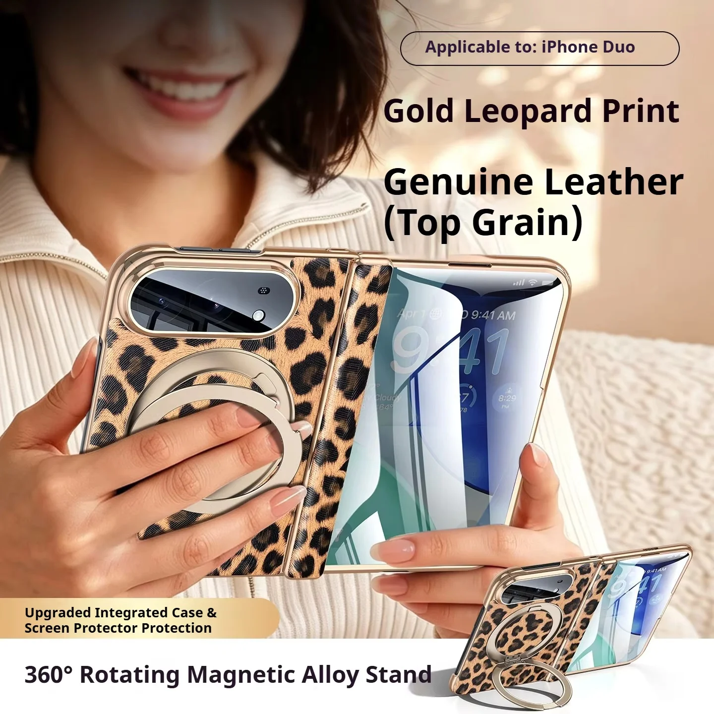 2-in-1Phone Case with Built-in Screen Protector for iPhone Duo Case, Luxury Genuine Leather,Hinge& Lens Full Magnetic Stand Case