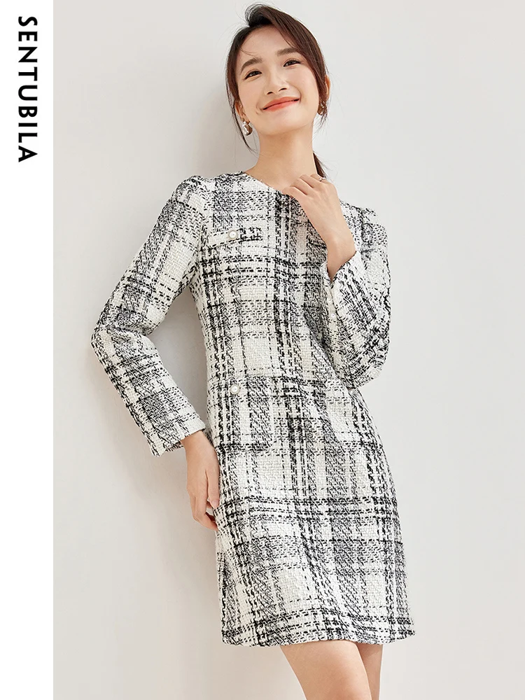 SENTUBILA Plaid Dress Women Spring Autumn New Elegant Retro Office Ladies Midi Temperament Contrast Straight Dresses 133L50797