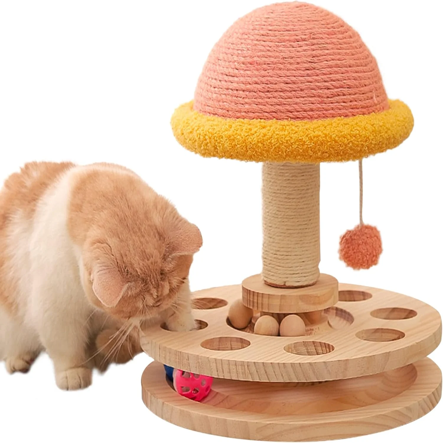 

Scratching Post with Hanging , Turntable Toy, Mushroom Sisal Scratcher,Kitten 2 Layer Wooden Track Spinning Balls,Fun Turntable