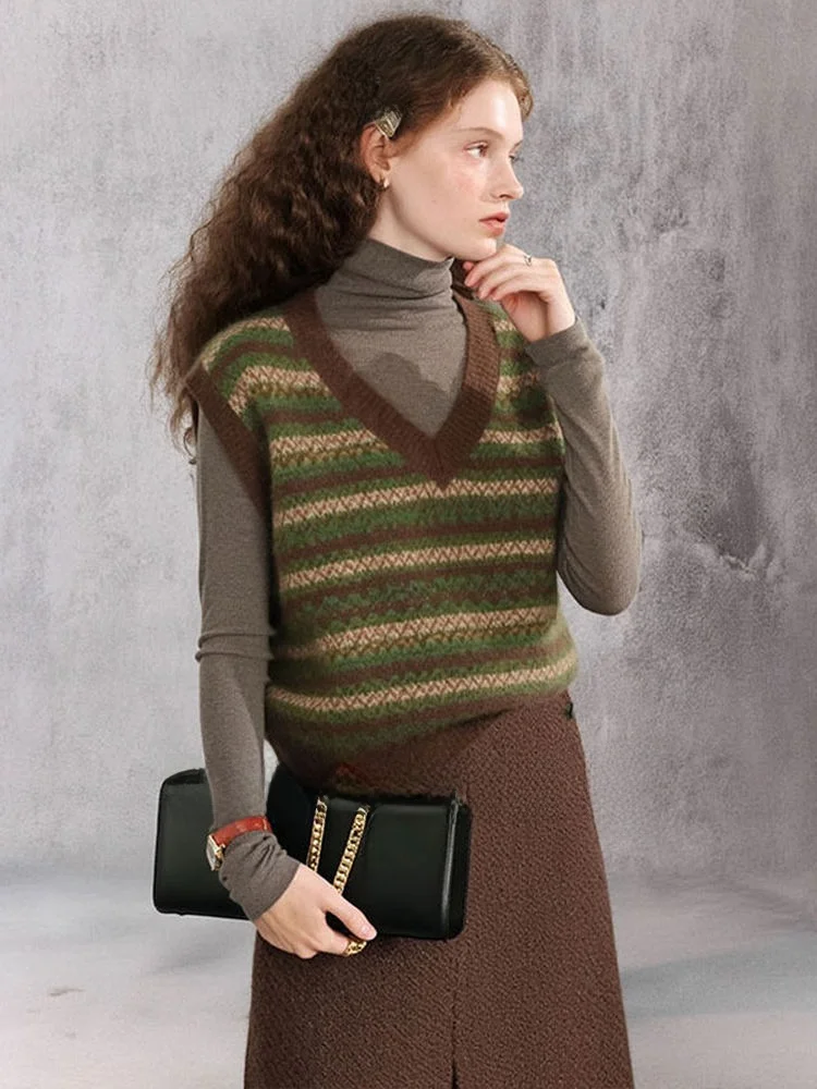 

Вязаный жилет ZhuoZhi в винтажном стиле с V-образным вырезом, в полоску, с цветочным узором, для многослойных образов, новая зимняя коллекция, женская теплая верхняя одежда