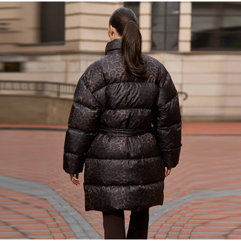 Leopard Print Hooded Puffer Women's Winter Coat Belted Waist Midi Length Padded Jackets for Woman Jacket Warm Streetwear