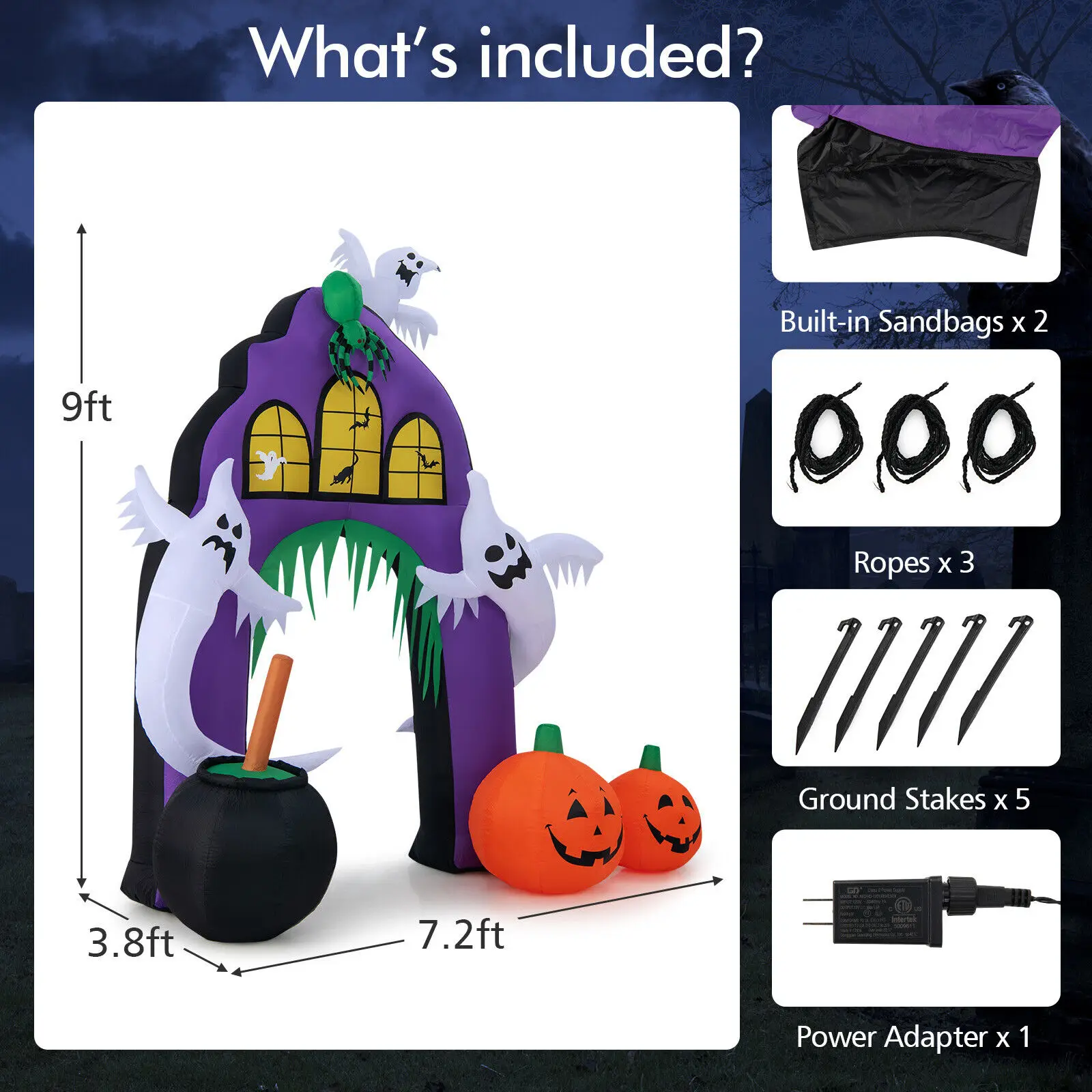 Costway 9 Ft Tall Halloween Inflatable Castle Archway Decor w/ Spider Ghosts &Built-in