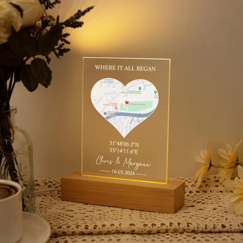 

Valentine Gift Custom First Date Map Acrylic LED Light Where It All Began Personalized Gift Where First Met Map Light Romantic