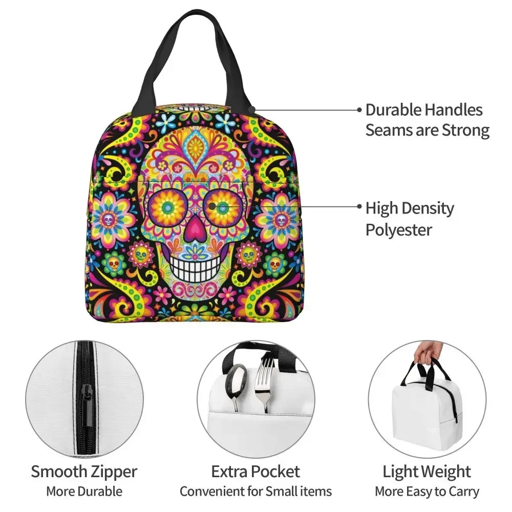 Mexican Sugar Skull Day Of The Dead Art Insulated Lunch Bags Women Resuable Thermal Cooler Food Lunch Box Outdoor Camping Travel