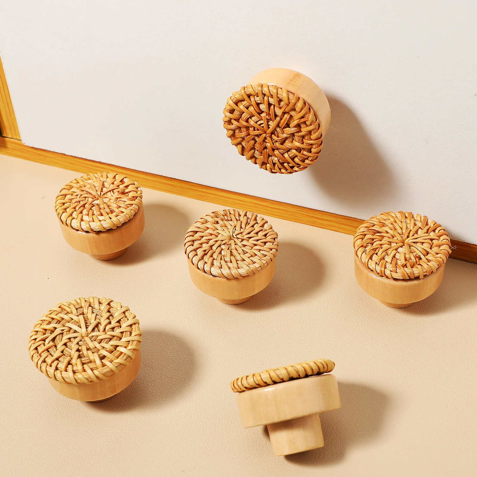 

8Pcs Boho Rattan Wooden Drawer Knobs Solid Wood Cabinet Handles Bohemian Dresser Pulls Woven Furniture Knobs Rattan Decor