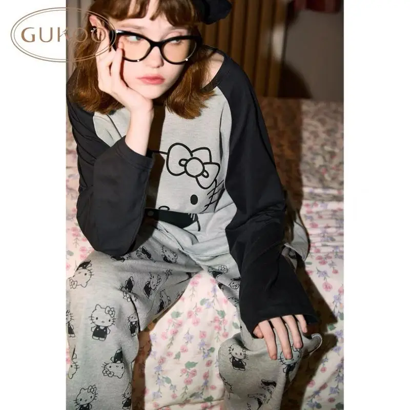 

Anime Cartoon Sanrio Hello Kitty Women's Pajamas Spring Autumn Pure Cotton Round Neck Long-Sleeved Pajamas Casual Home Wear Set