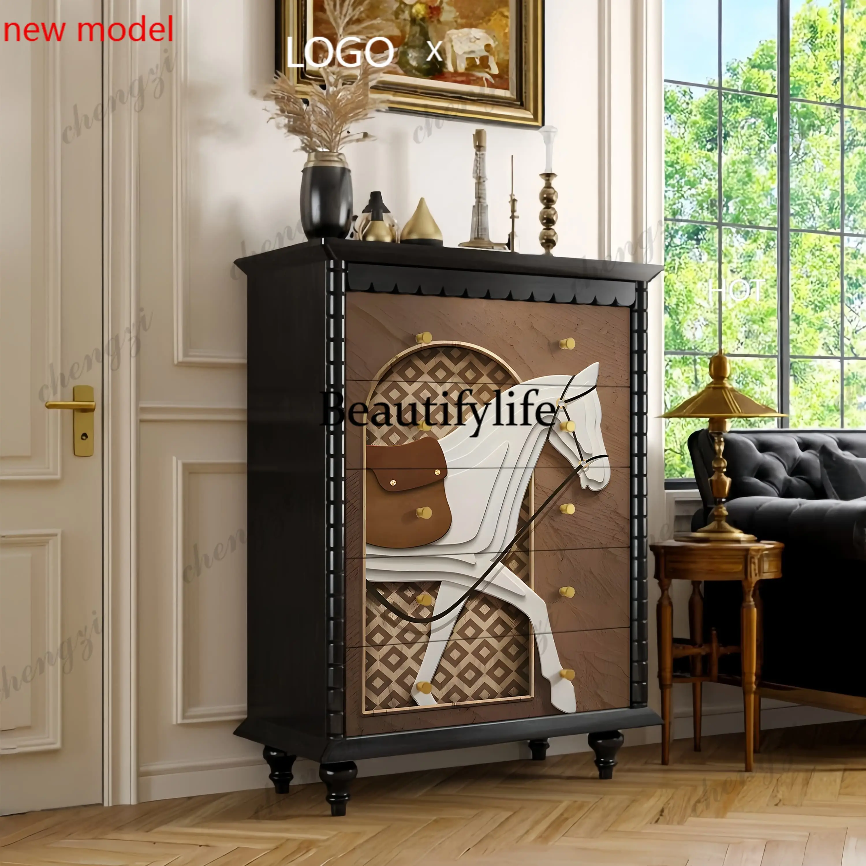 N138French retro solid wood chest of drawers, customizable vertical cabinet, living room wall entrance decorative cabinet