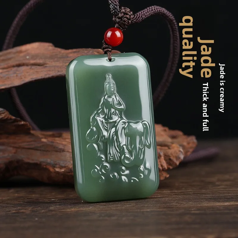 Chinese Style Natural Hetian Jade Puxian Guanyin Mens Pendant Lucky Blessing Auspicious Green Jade Amulet Necklace Wealth Good