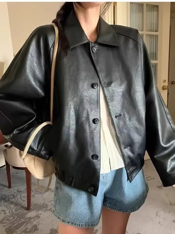 ゆったりとした女性用ブラレザージャケット、カジュアルなスプリング2025、ノースアイランドウールコート、ヴィンテージPUジャケット、通勤用防風