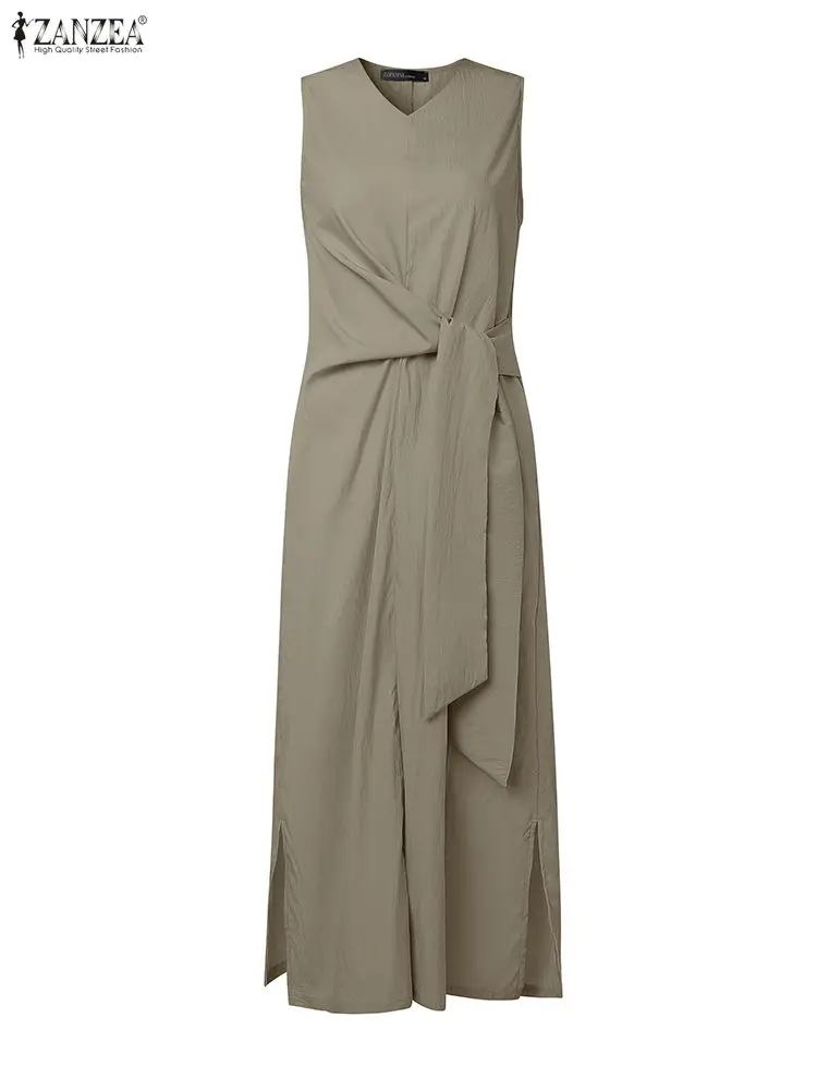 ZANZEA Elegante Vestito Estivo Lungo Delle Donne Senza Maniche Pieghettato Fasciatura Maxi Abiti 2025 Moda Estate Vintage Solido Casual Party Robe