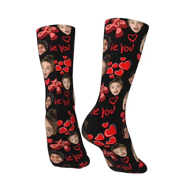 Calcetines personalizados Harajuku I Love You Family Face para mujer y hombre, calcetines cálidos con estampado 3D para el día más dulce, calcetines deportivos de baloncesto