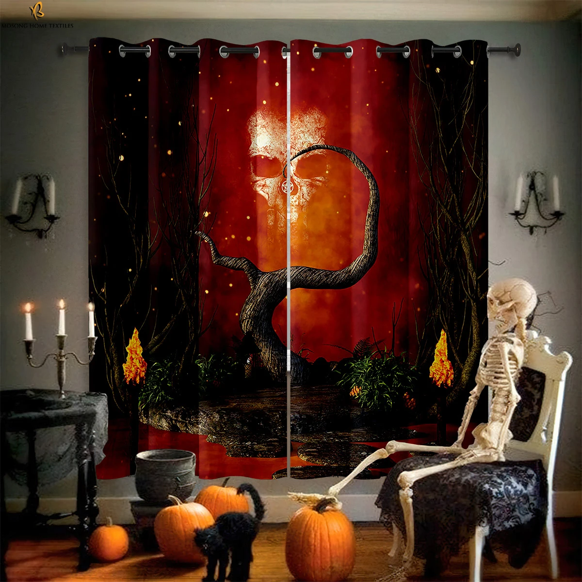 

Dark Halloween Curtains Pumpkin Skull Horror Castle Cartoon Print Curtains Holiday Party Decoration Easy To Wash 2 Pieces