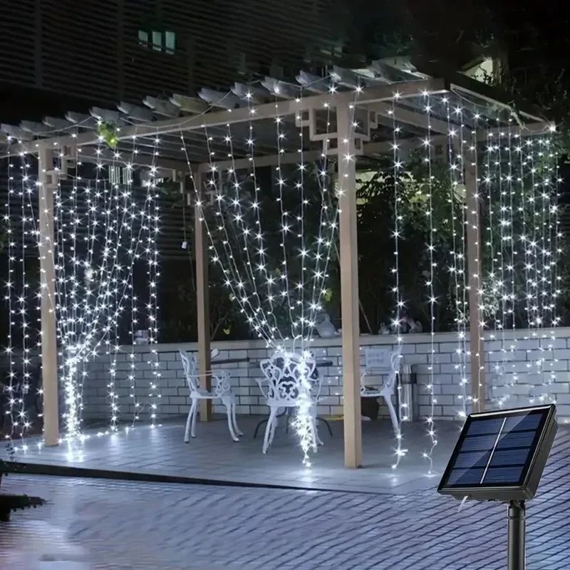 3M الشمسية 100/200/300LED الستار سلسلة أضواء 8 طرق مقاوم للماء لحديقة الزفاف عيد الميلاد الطرف الديكور #4