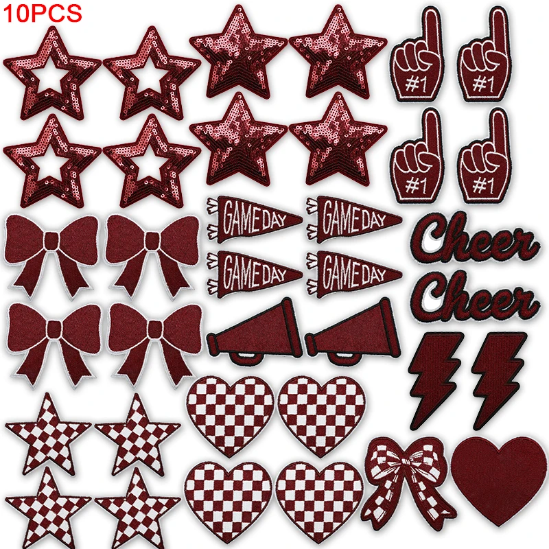 10 Stück Cheerleading-Pailletten-Stern-Aufnäher zum Aufbügeln für Kleidung, Cheer-Schleifen-Herz-Applikationen für Jacken, DIY – Detail 1