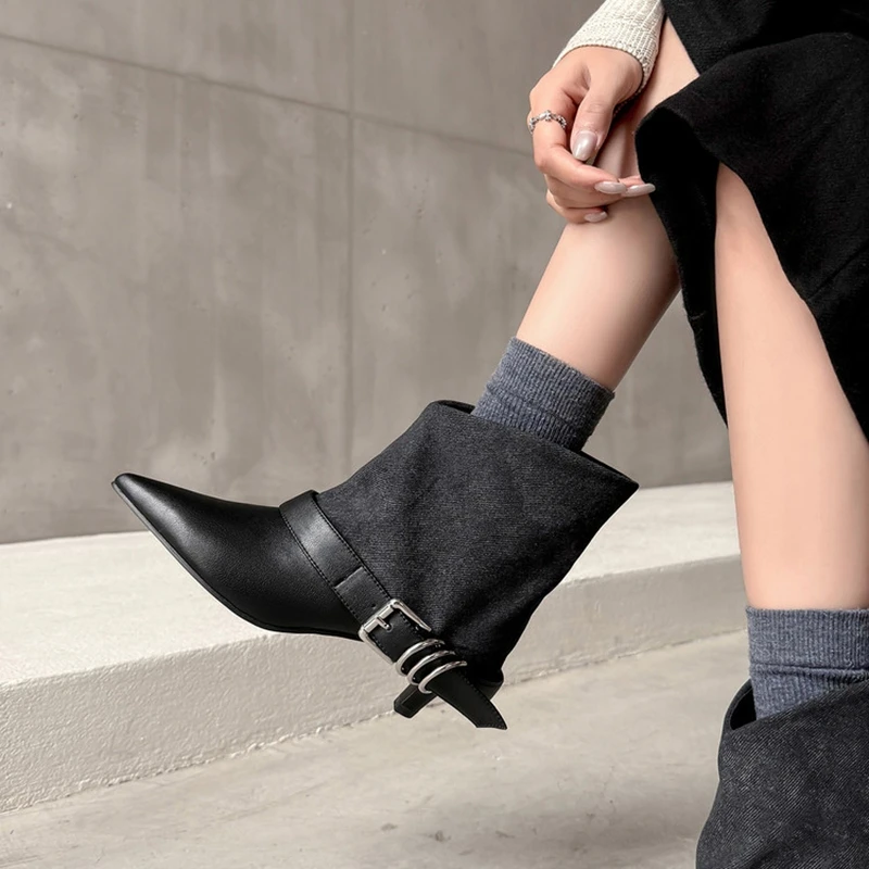 NEW Autumn/Winter Women Boots Split Leather Shoes for Women Pointed Toe Thin Heel Shoes Slip-on Modren Boots Belt Buckle Shoes