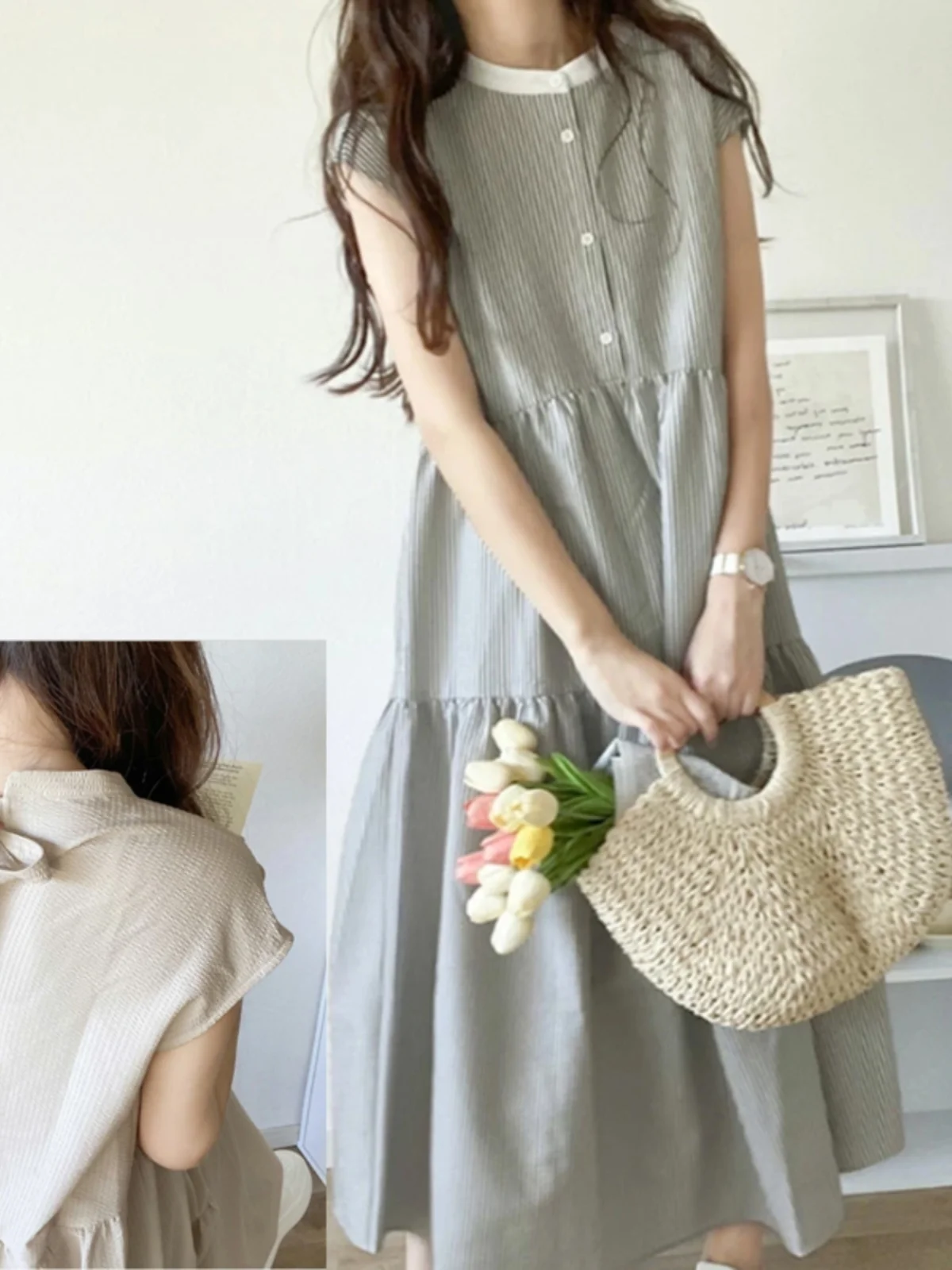 Summer Sweet Bohemian Style Women's Dress round Neck Sleeveless Gown with Belt And Single Button Striped Midi Skirt for Ladies