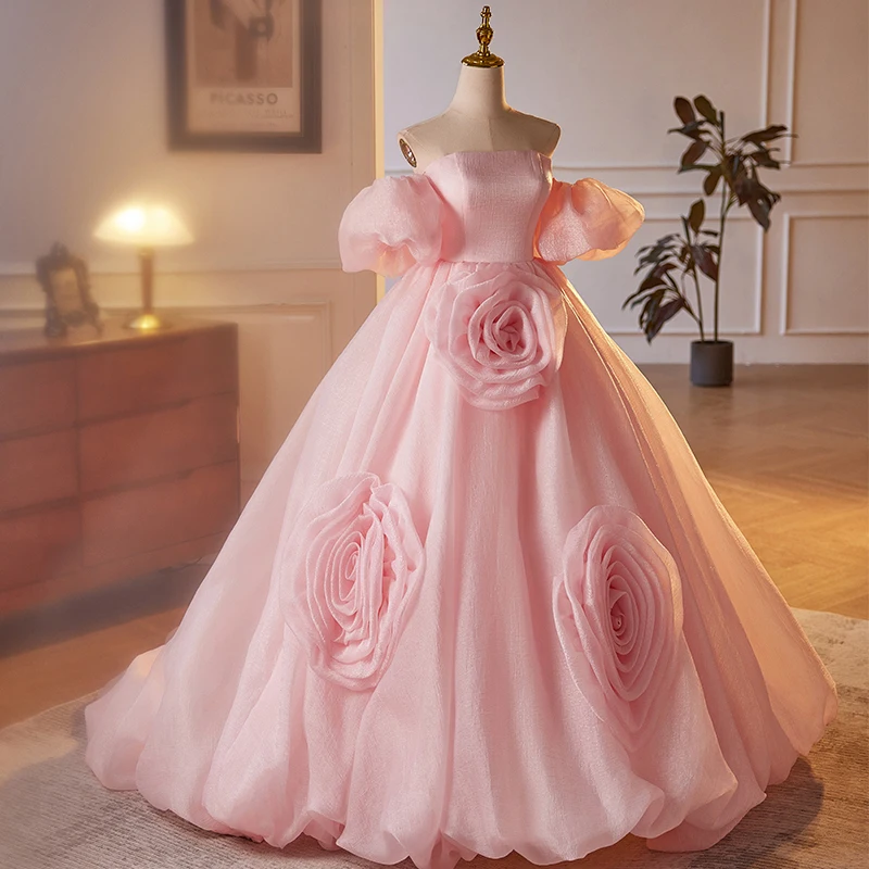 Personalizado doce rosa princesa vestido de noite sem alças lanterna mangas a linha flores vestidos de festa de baile de fiesta