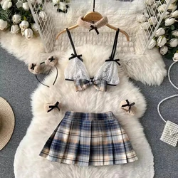 New Hotsweet 5 Pieces Sets Short Skirt Sailor Chic Women's Dress Sexy Pleated Suits Lace Bra Brief Plaid Mini Skirt Preppy Ins