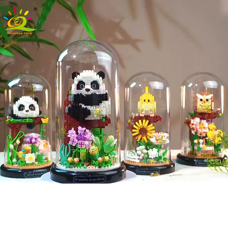 HUIQIBAO Flower Bouquet Dust Cover Panda Set Building Blocks Bonsai Collection Cute Animal Educational Toys Kids Christmas Gift