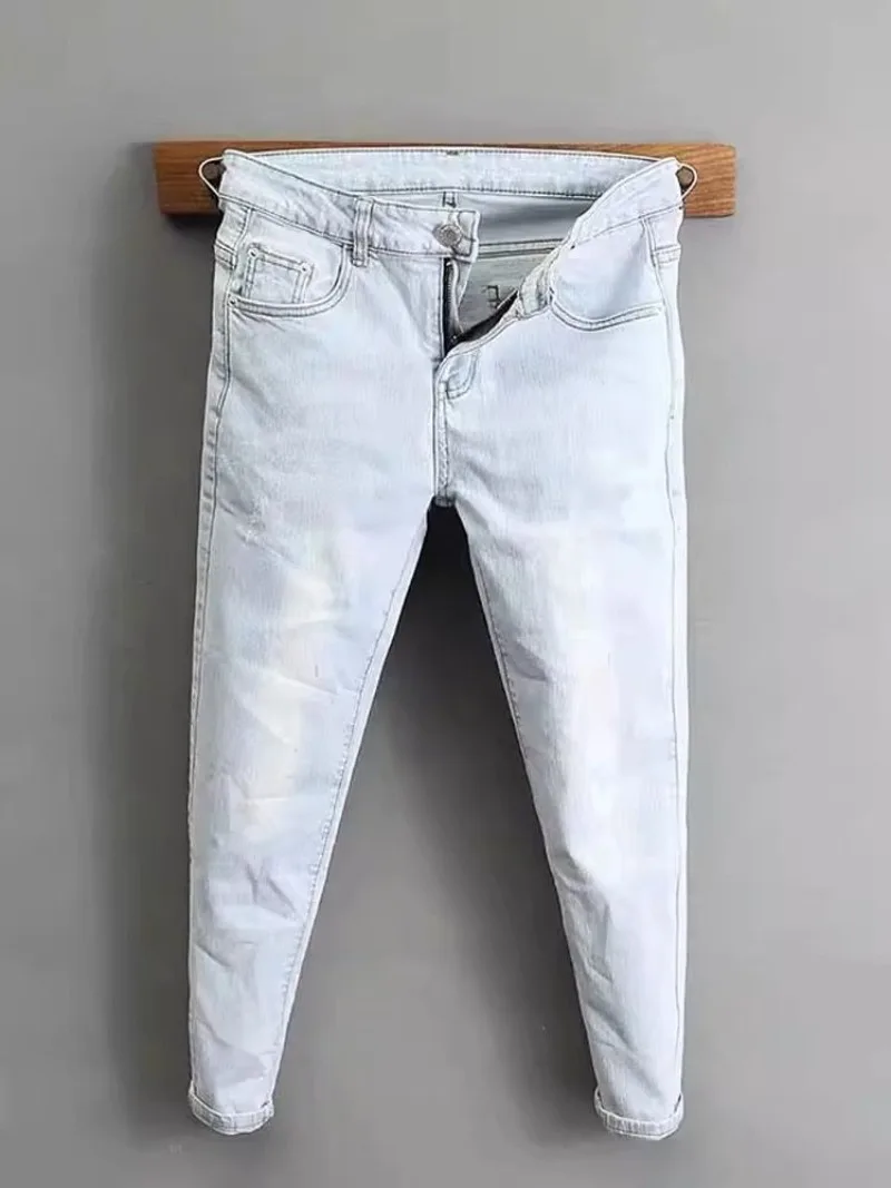 2000’s Clothes Men's Light-colored Jeans 2025 New Spring Autumn Slim Cargo Light Blue Pants Trendy Brand Work Elastic Trousers