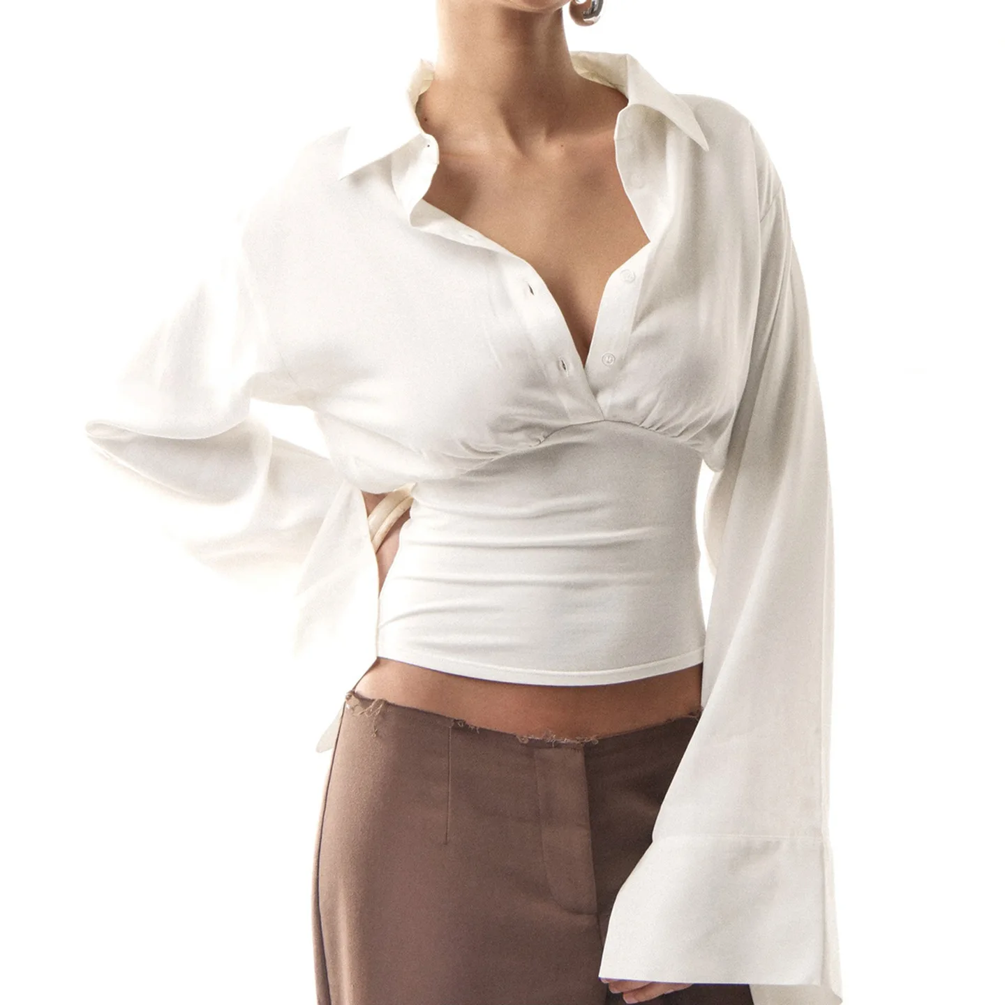 Wit overhemd met knopen en knopen voor dames - Sexy afslankende taille-kalkende blouse met lange mouwen voor Y2K trendy dagelijks en feestkleding