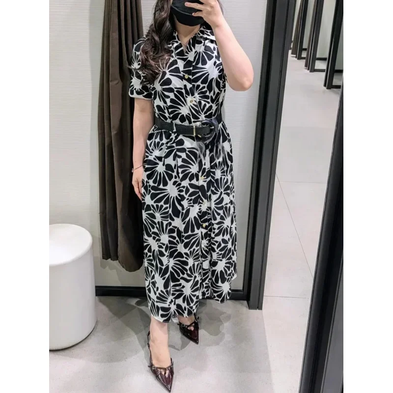빈티지 플로럴 프린트 우아한 벨트 여성 라펠 버튼 드레스 반팔 패션 휴가 셔츠 드레스