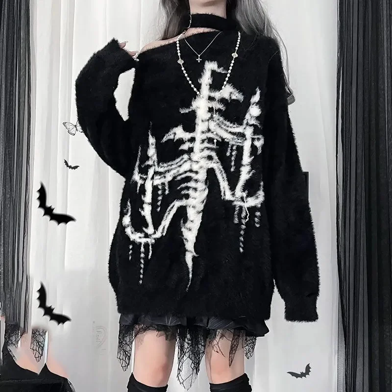 

Punk Dark Print Off Shoulder Sweater Women Autumn Winter Lazy Loose Long Sleeve Pullover Harajuku Y2k Gothic Knit Tops