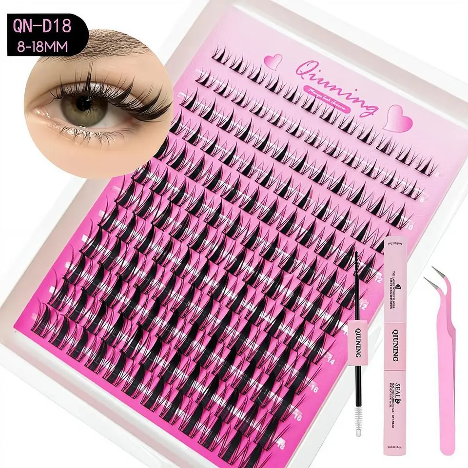 12 filas de grupos de pestañas estilo manga con pegamento y pinzas, mezcla de 8-18mm, kit de extensiones de pestañas segmentadas DIY, pestañas finas y puntiagudas 2