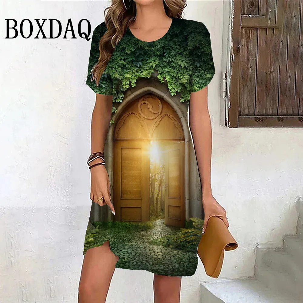 

New Women Vintage Scenery 3D Print Dress Summer Fashion Round Neck Short Sleeve Dress Oversized Casual O-Neck Loose Mini Dresses