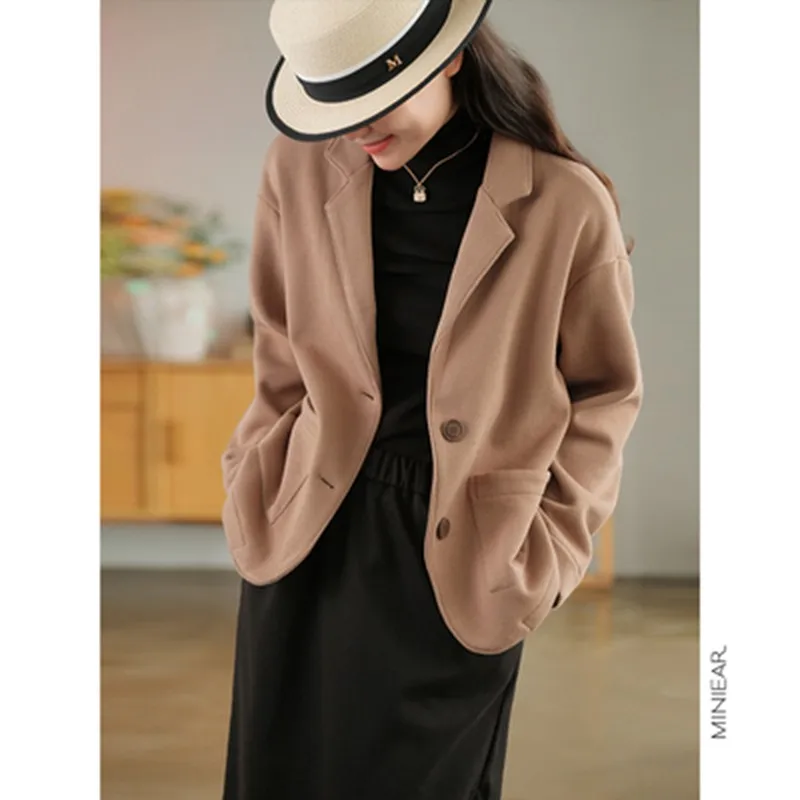 2023 Autumn Winter New Arts Style Women Single Breasted Loose Casual Blazers Double Pockets Vintage Woolen Basic Blazer  P235