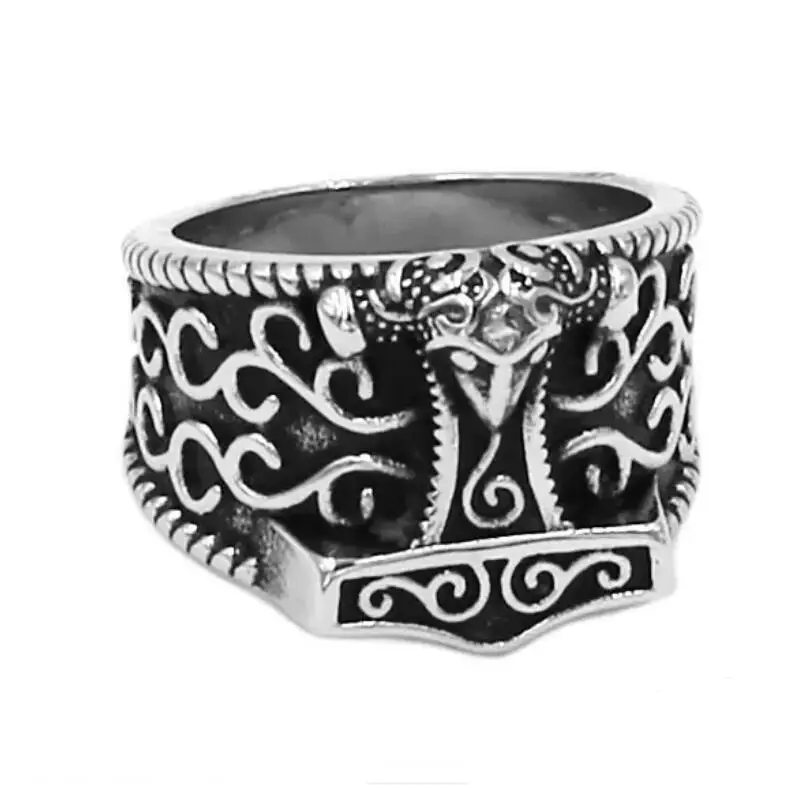Tribal Symbol Myth Thor Hammer Ring Stainless Steel Norse Viking Rune Skull Biker Men Jewelry Gift SWR0758 view 2