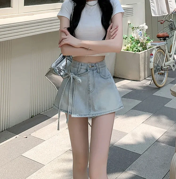 Irregular lace up skirt pants denim skirt women's fashion casual 2025 summer new women's clothing