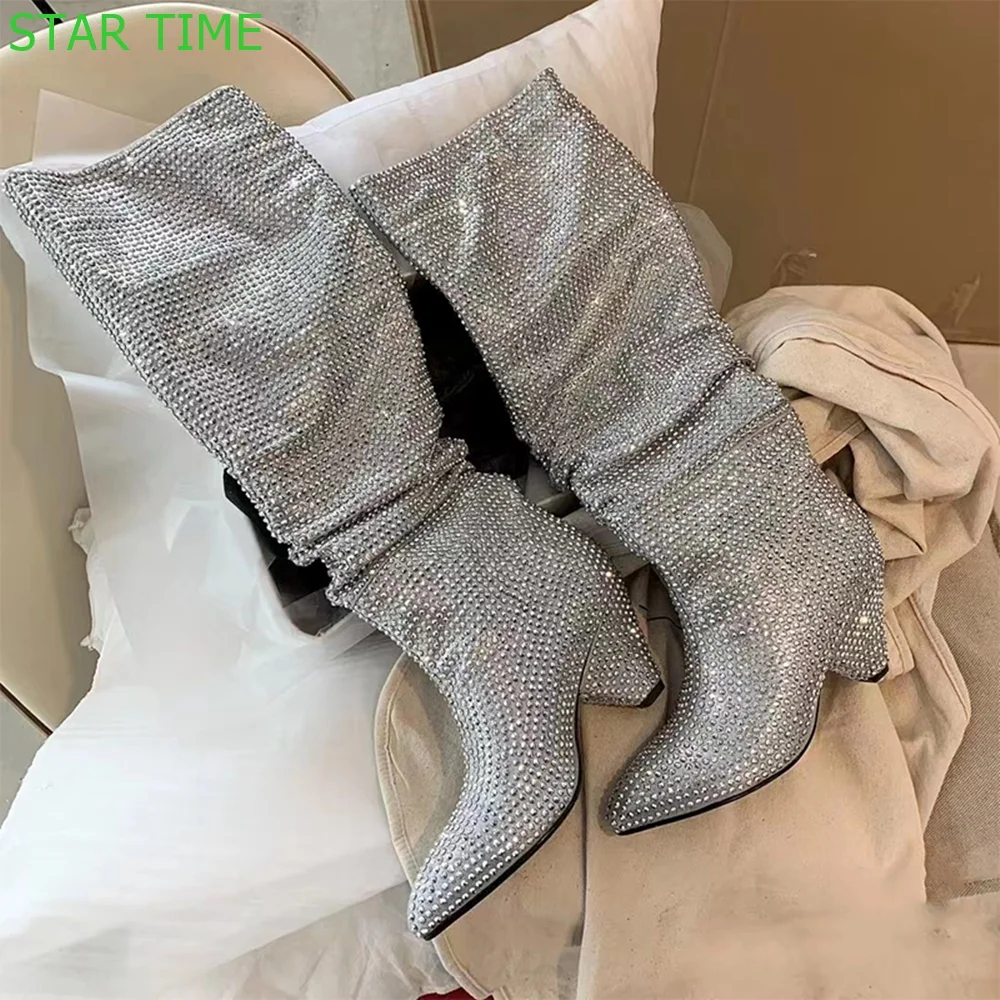 Pointed Toe Rhinestone Bling Long Boots 2024 New Casual Catwalk Thick Heel Boots Black/silver Fashion Women Knee-High Boots