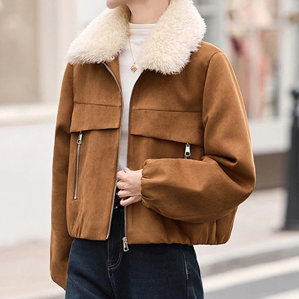 

Новая утепленная флисовая куртка-пальто женская укороченная модная повседневная теплая с меховым воротником на осень-зиму 2025