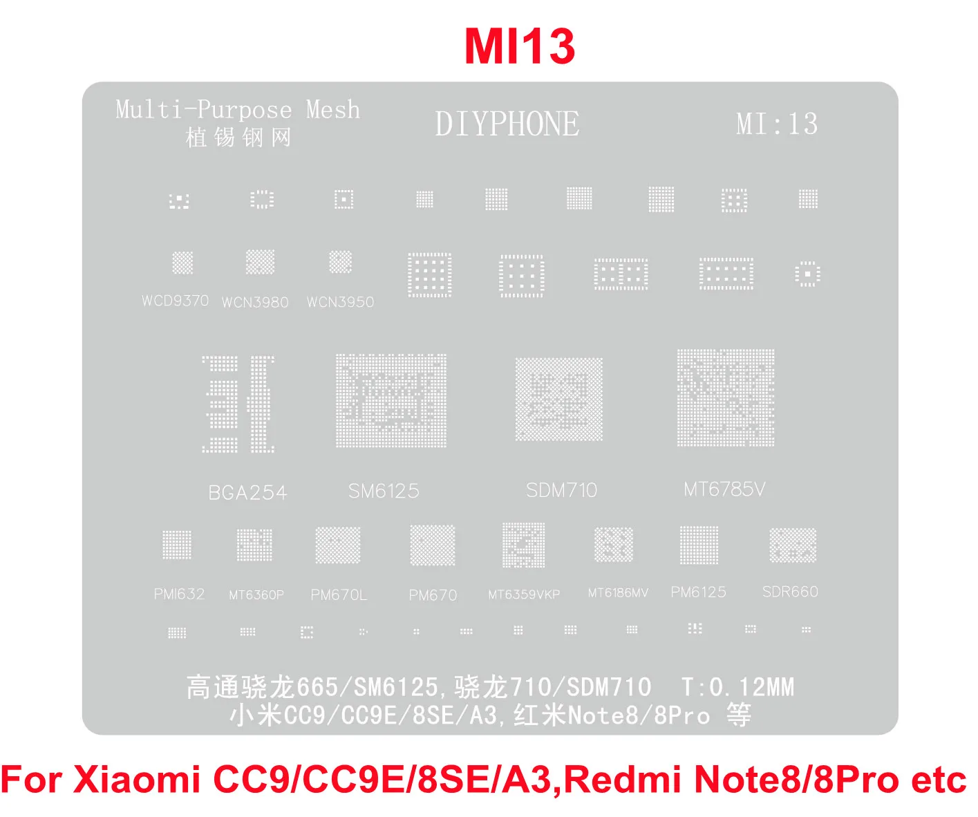 Szablon DIYPHONE BGA 0.12mm dla Xiaomi 10/Note 11Pro/12Pro/13/13Ultra/POCO C40/ Redmi K30/K40/ K50/K50Pro CPU siatka do sadzenia cyny